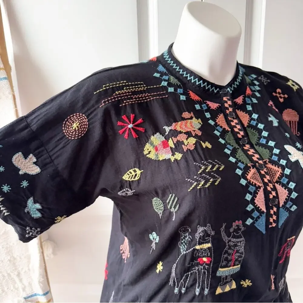 Johnny Was Pete & Greta Seraphina Black Embroidered Short Sleeve Top Women’s XS - Picture 4 of 10